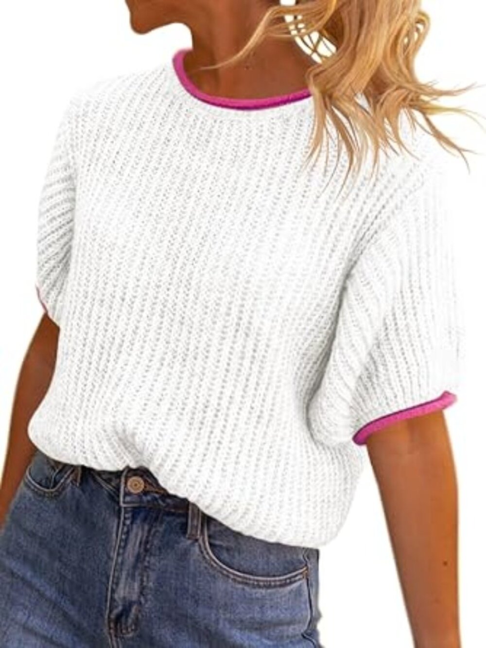 Saodimallsu Womens Puff Short Sleeve Sweater Tops Spring Summer Color Block L